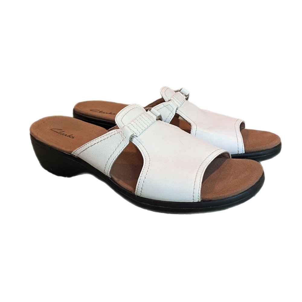 Clarks women's size 10 sandals white slides silver loops wedge